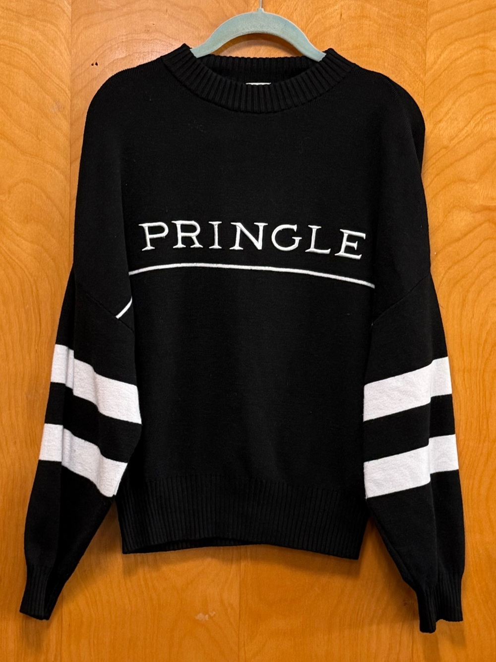 H&M x Pringle Black Crewneck Wool Blend Sweater White Sleeve Stripes small